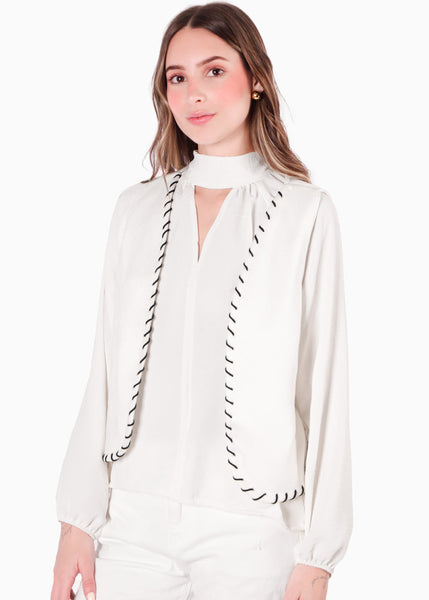 Chaleco abierto con entrelazado decorativo en contraste color blanco, marfil para mujer - Flashy
