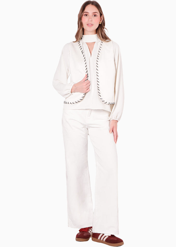 Chaleco abierto con entrelazado decorativo en contraste color blanco, marfil para mujer - Flashy