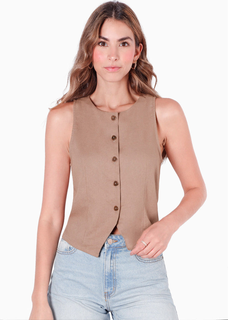 Chaleco con botones tipo sastre con cuello redondo color café para mujer - Flashy
