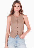 Chaleco con botones tipo sastre con cuello redondo color café para mujer - Flashy