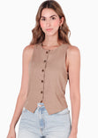 Chaleco con botones tipo sastre con cuello redondo color café para mujer - Flashy