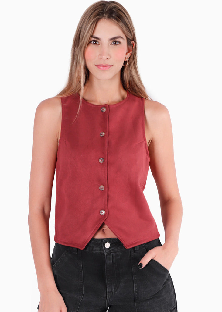 Chaleco con botones tipo sastre con cuello redondo y botones dorados color vino para mujer - Flashy
