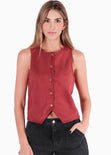 Chaleco con botones tipo sastre con cuello redondo y botones dorados color vino para mujer - Flashy