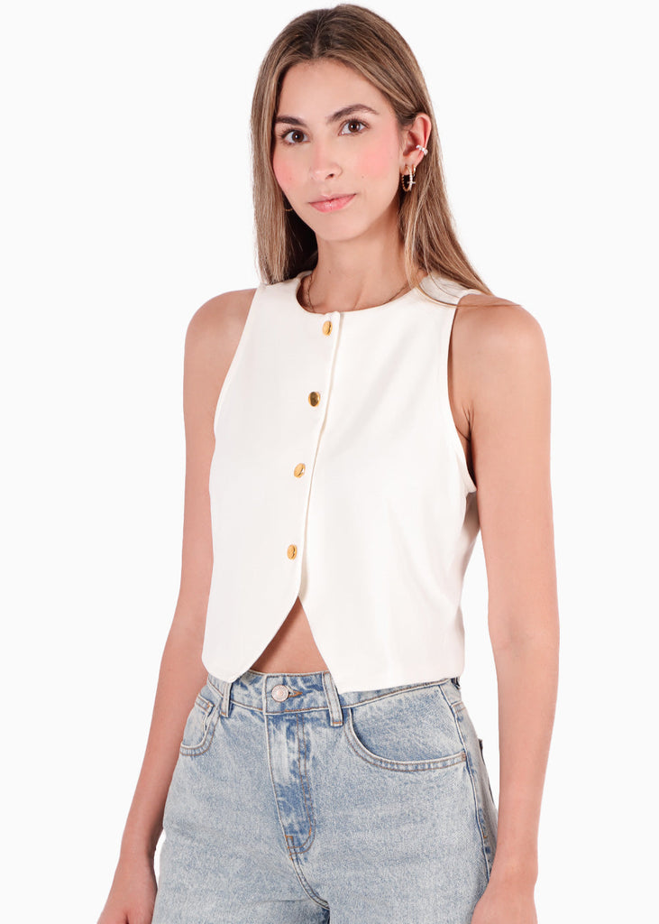 Chaleco con botones tipo sastre con cuello redondo y botones dorados color blanco, marfil para mujer - Flashy