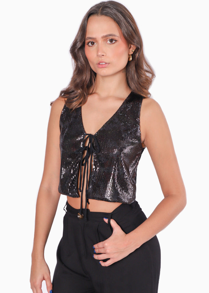 Chaleco con lentejuelas y anudados en frente color negro para mujer - Flashy
