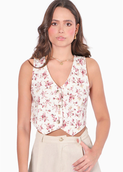Chaleco corto con estampado de flores y botones color blanco, marfil para mujer - Flashy