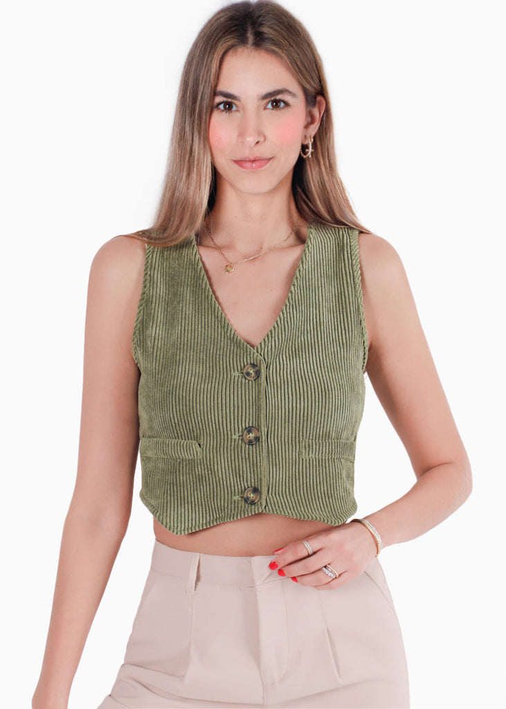 Chaleco tipo sastre corto de corduroy con botones color verde para mujer - Flashy