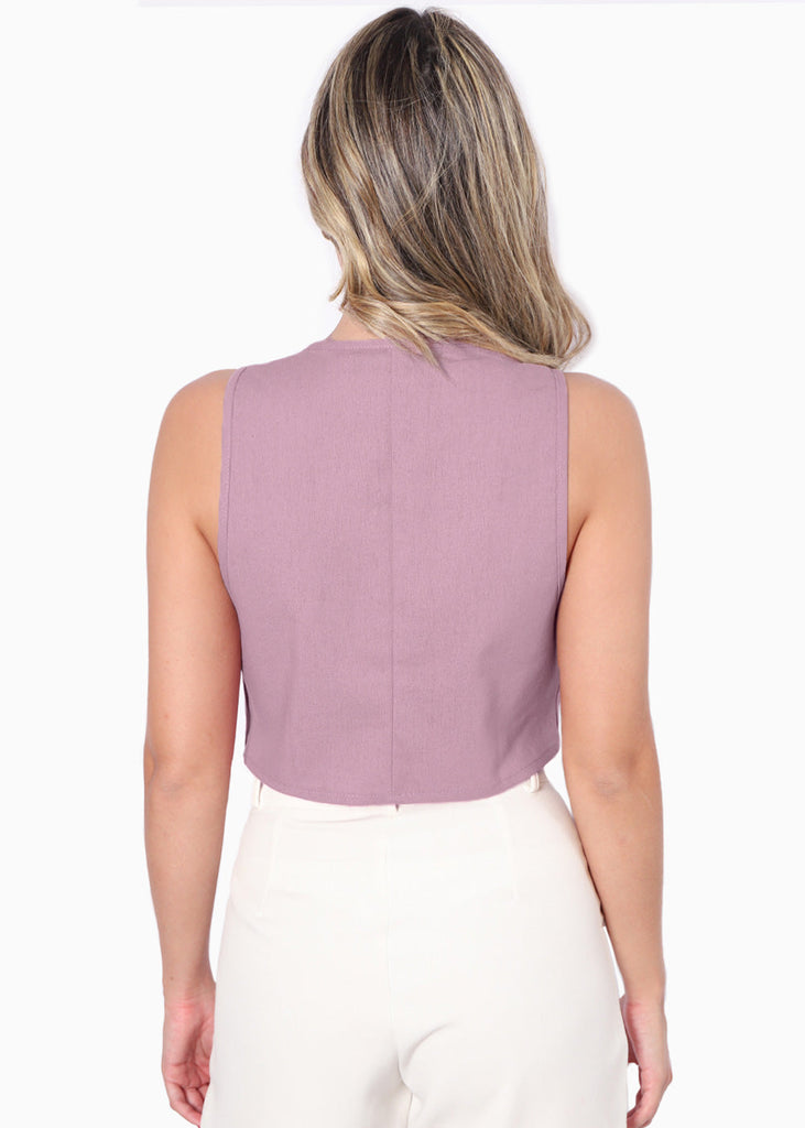 Chaleco tipo sastre corto de lino con botones color morado para mujer - Flashy