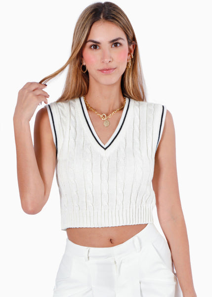 Chaleco corto tejido con sesgos en contraste color blanco, marfil para mujer - Flashy