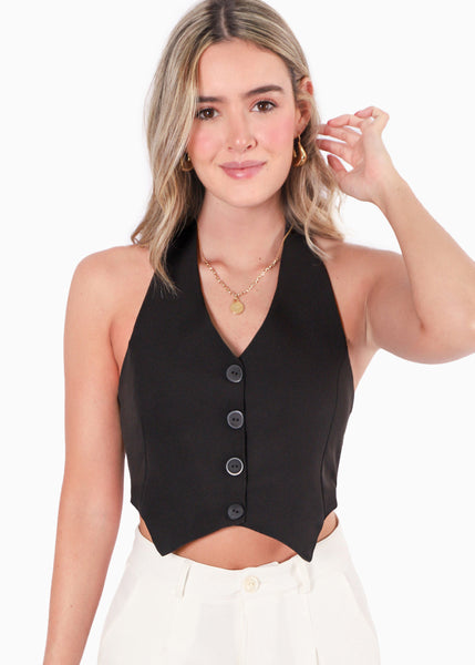 Chaleco corto tipo halter color negro para mujer - Flashy