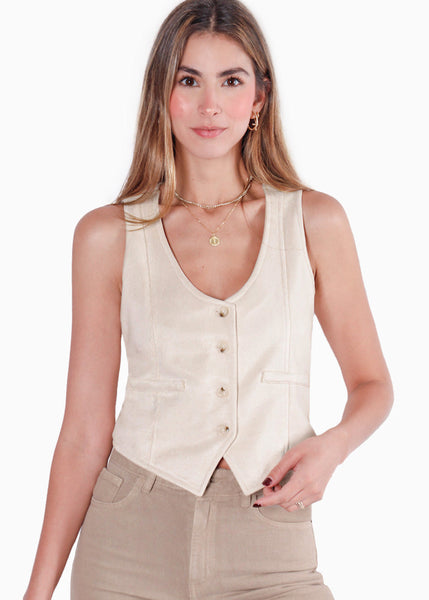 Chaleco de botones tipo gamuza color beige para mujer - Flashy