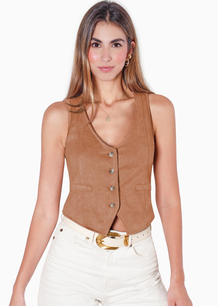 Chaleco de botones tipo gamuza color café para mujer - Flashy