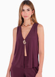 Chaleco largo tejido con boton color marfil, blanco para mujer - Flashy
