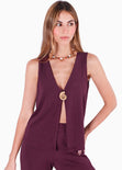 Chaleco largo tejido con boton color marfil, blanco para mujer - Flashy