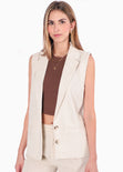 Chaleco largo tipo lino color beige para mujer - Flashy