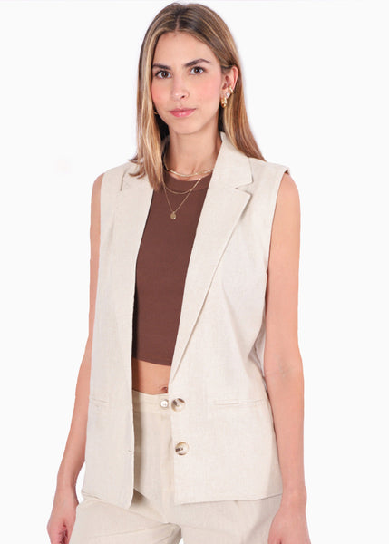 Chaleco largo tipo lino color beige para mujer - Flashy