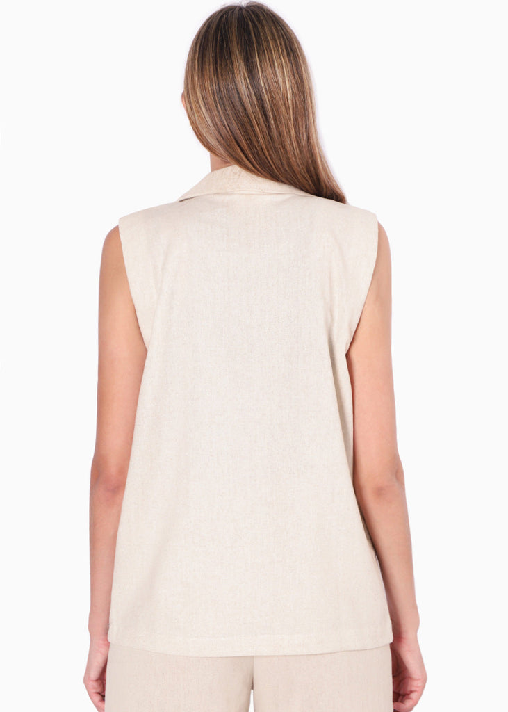 Chaleco largo tipo lino color beige para mujer - Flashy