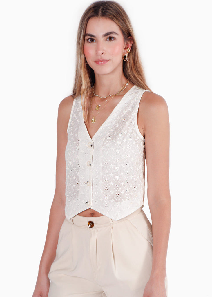 Chaleco tipo sastre con botones y de ojalillo color blanco, marfil para mujer - Flashy
