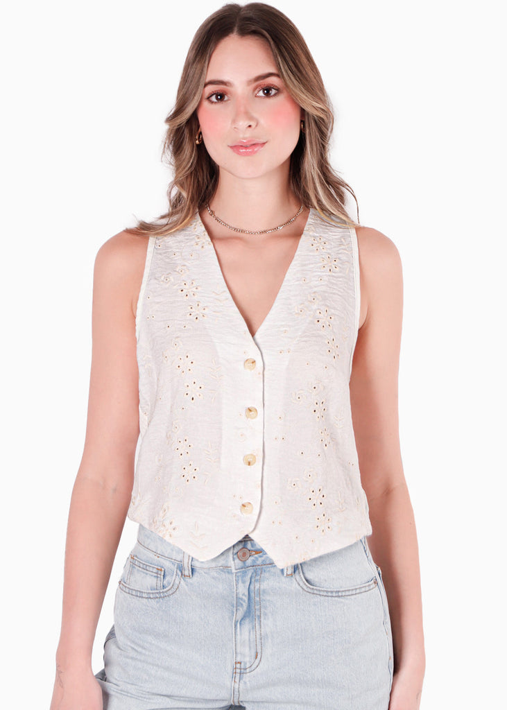 Chaleco tipo sastre con botones y de ojalillo color blanco, marfil para mujer - Flashy