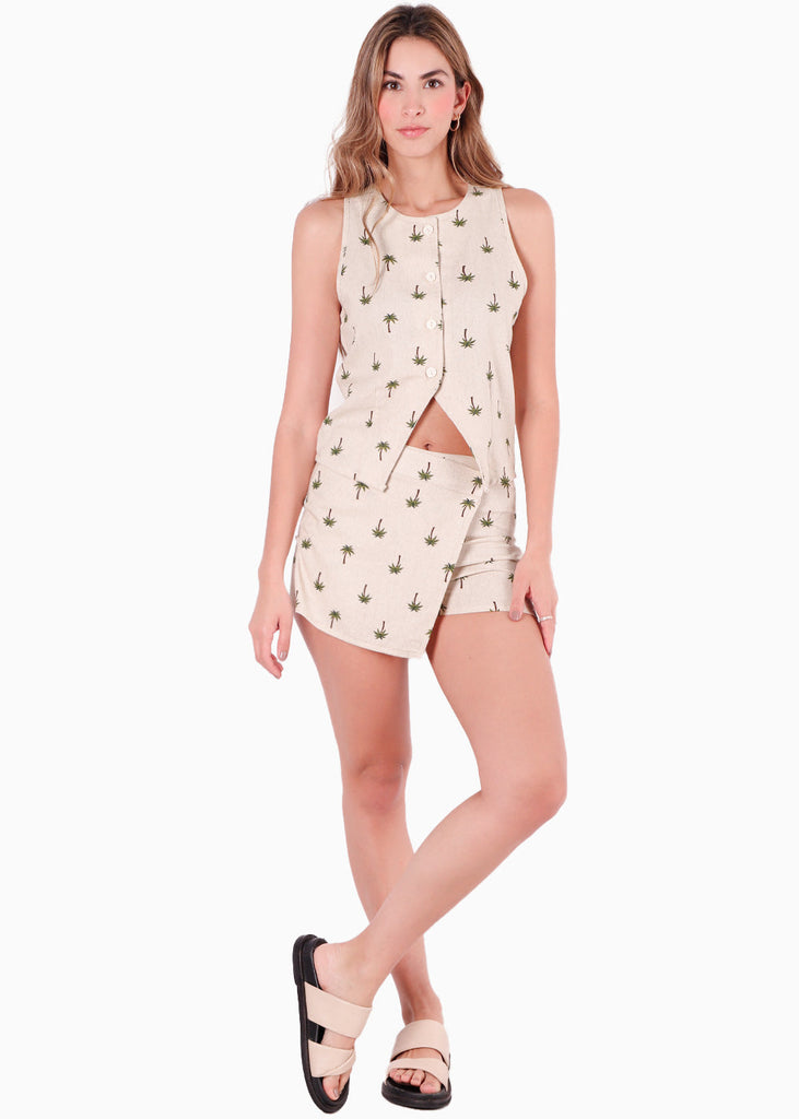Chaleco tipo sastre con cuello redondo, abertura y estampado de palmeras color beige para mujer - Flashy