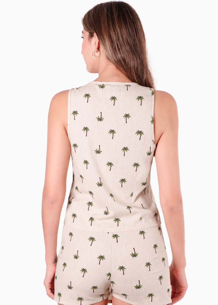 Chaleco tipo sastre con cuello redondo, abertura y estampado de palmeras color beige para mujer - Flashy