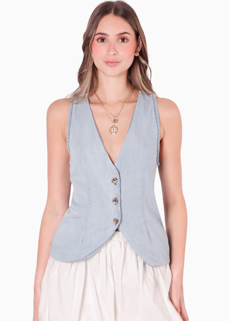 Chaleco tipo sastre con escote en V color azul para mujer - Flashy