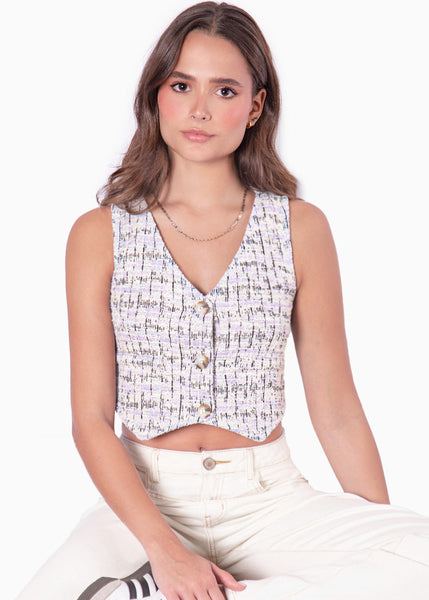 Chaleco tipo sastre corto de tweed con botones color lila para mujer - Flashy