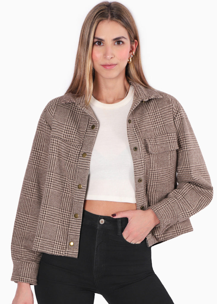 Chaqueta de cuadros con botones color café para mujer - Flashy
