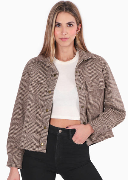Chaqueta de cuadros con botones color café para mujer - Flashy