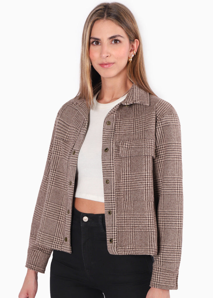 Chaqueta de cuadros con botones color café para mujer - Flashy