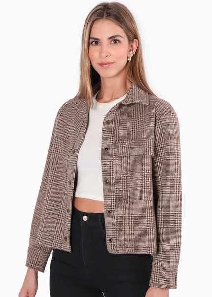 Chaqueta de cuadros con botones color café para mujer - Flashy