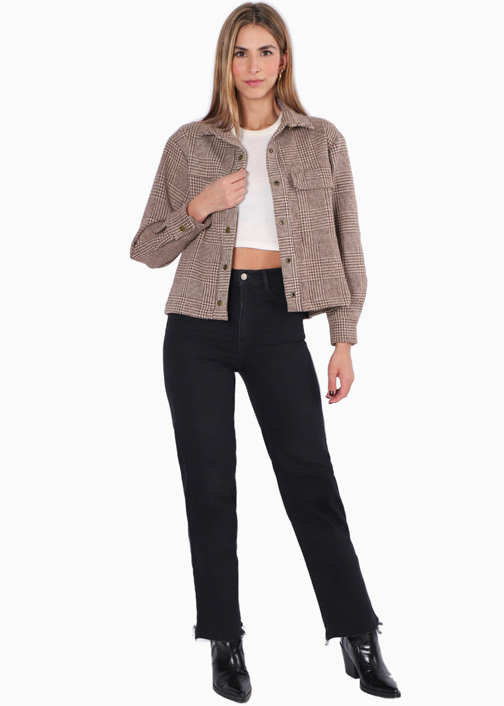 Chaqueta de cuadros con botones color café para mujer - Flashy