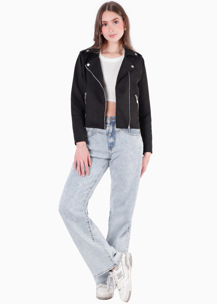 Chaqueta biker tipo gamuza color negro para mujer - Flashy