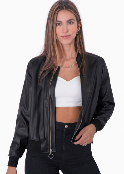 Chaqueta bomber tipo cuero color negro para mujer - Flashy
