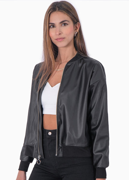 Chaqueta bomber tipo cuero color negro para mujer - Flashy