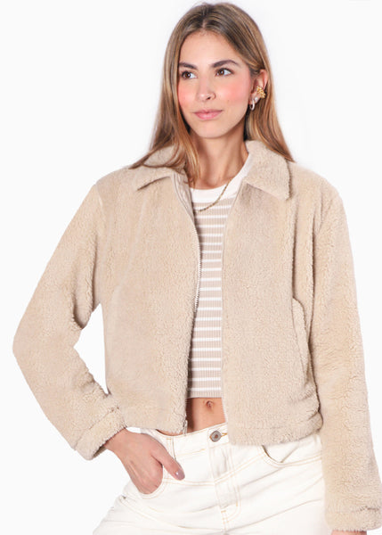 Chaqueta con bolsillos y con pelo sintético color beige para mujer - Flashy