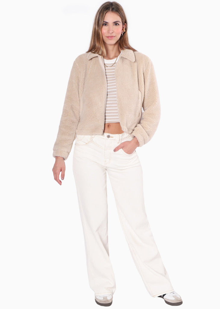 Chaqueta con bolsillos y con pelo sintético color beige para mujer - Flashy
