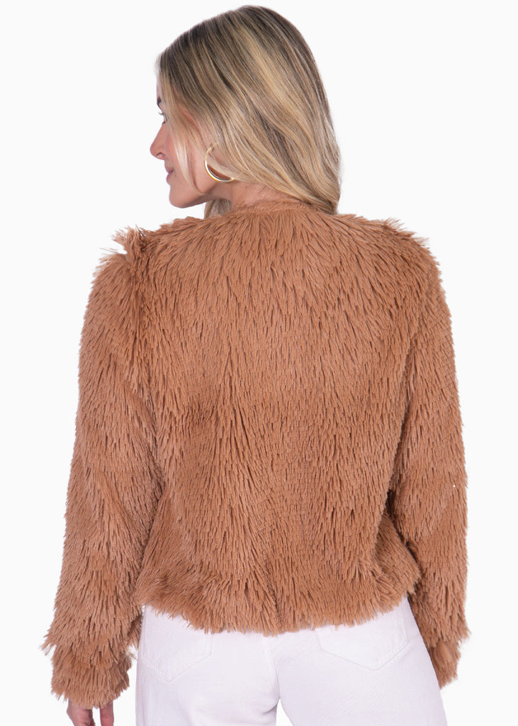 Chaqueta con efecto de pelo sintético color café, camel para mujer - Flashy