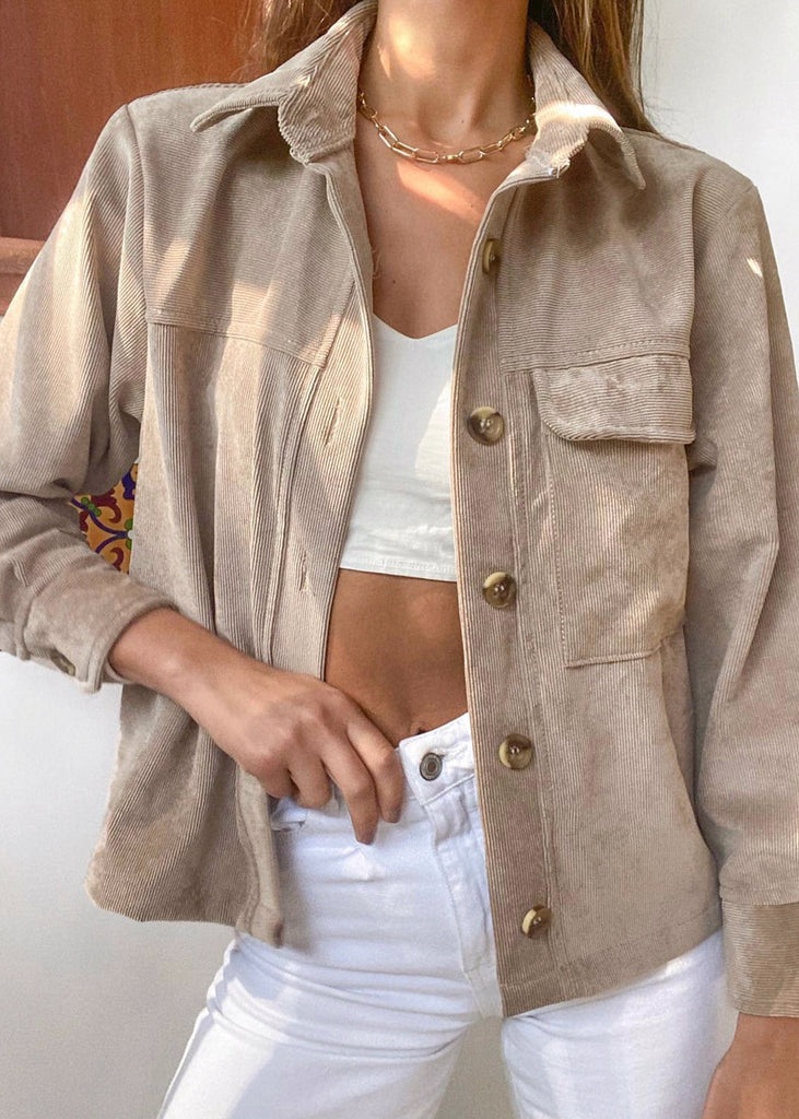 Chaqueta de corduroy color beige, camel, café para mujer - Flashy