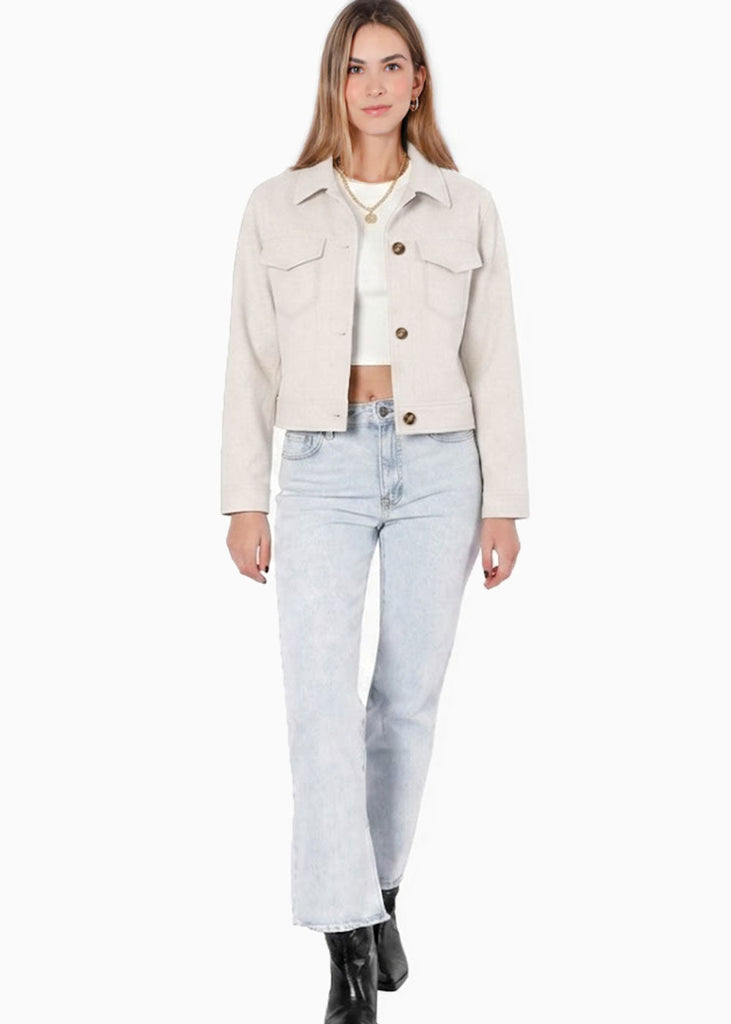 Chaqueta de paño con entrelazado en cuello y bolsillos - CEIBA.MARFIL