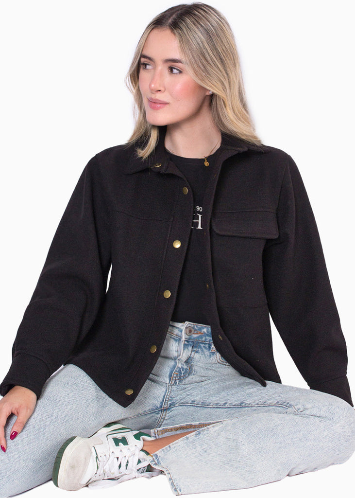 Chaqueta de tela tipo paño con botones color negro para mujer - Flashy