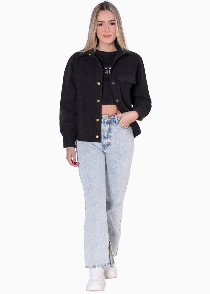 Chaqueta de tela tipo paño con botones color negro para mujer - Flashy