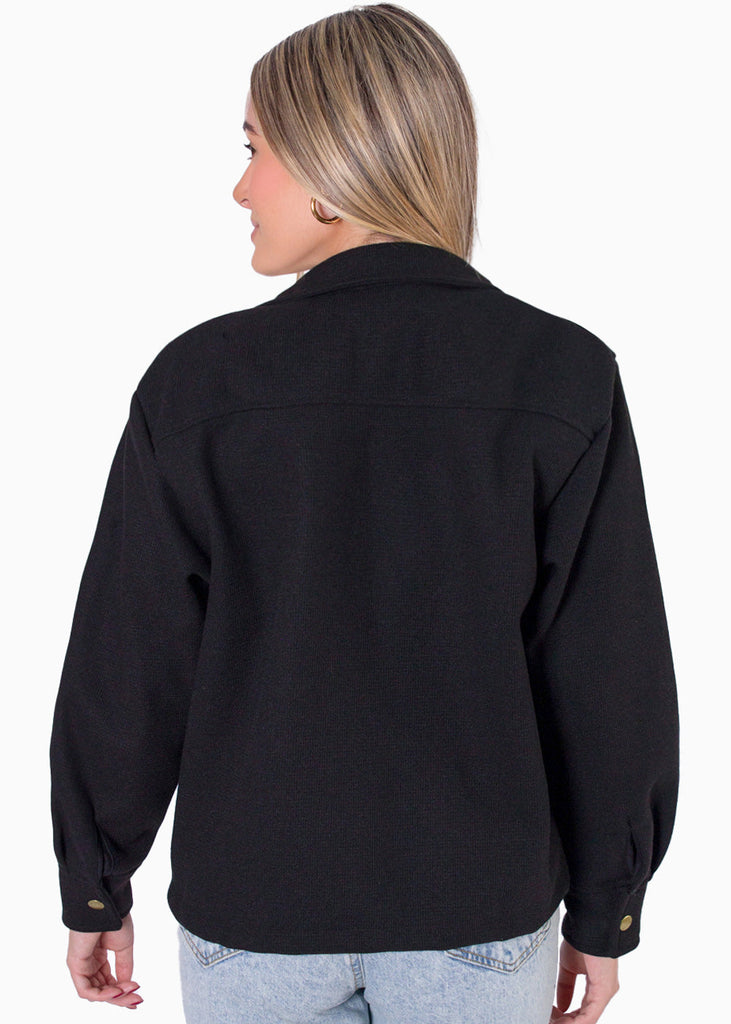 Chaqueta de tela tipo paño con botones color negro para mujer - Flashy