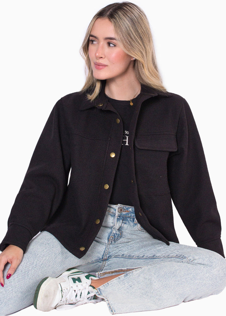 Chaqueta de tela tipo paño con botones color negro para mujer - Flashy
