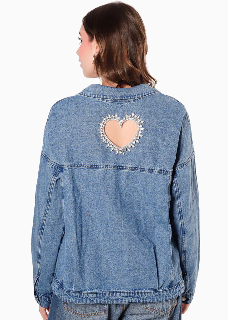 Chaqueta denim con corazón en espalda y brillo en los bolsillos para mujer - Flashy