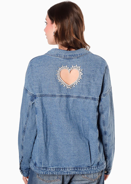 Chaqueta denim con corazón en espalda y brillo en los bolsillos para mujer - Flashy