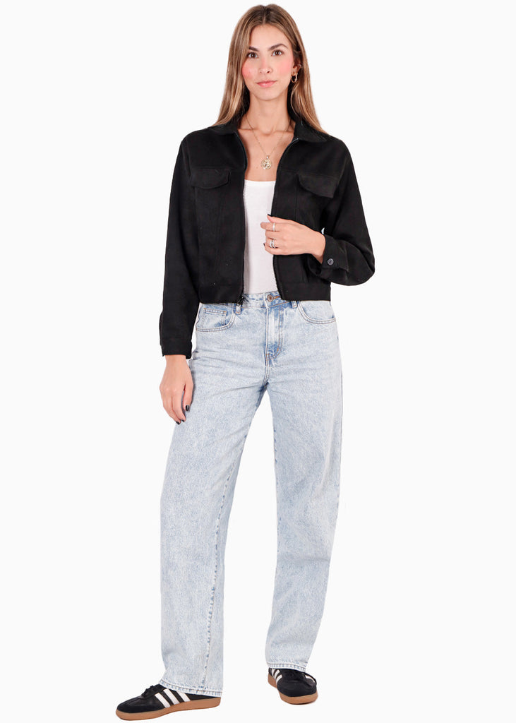 Chaqueta en tela tipo gamuza con bolsillos y cierre color negro para mujer - Flashy