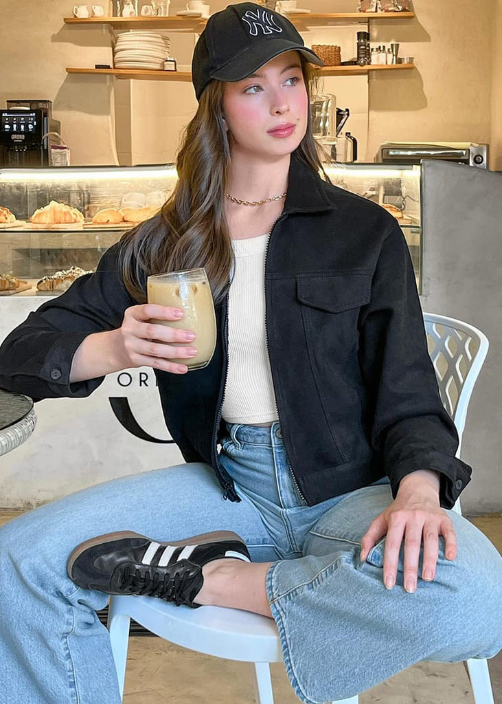 Chaqueta en tela tipo gamuza con bolsillos y cierre color negro para mujer - Flashy