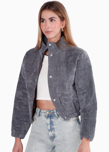 Chaqueta puffer de corduroy color gris para mujer - Flashy