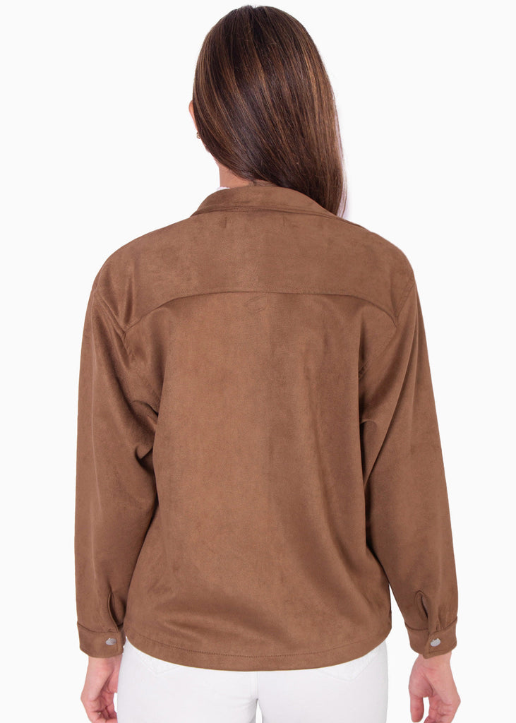 Chaqueta tipo gamuza con bolsillo y botones color café para mujer - Flashy